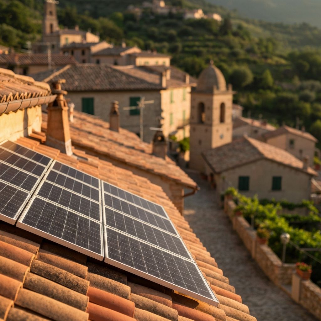 Tetto con pannelli solari illuminati dalla luce dorata