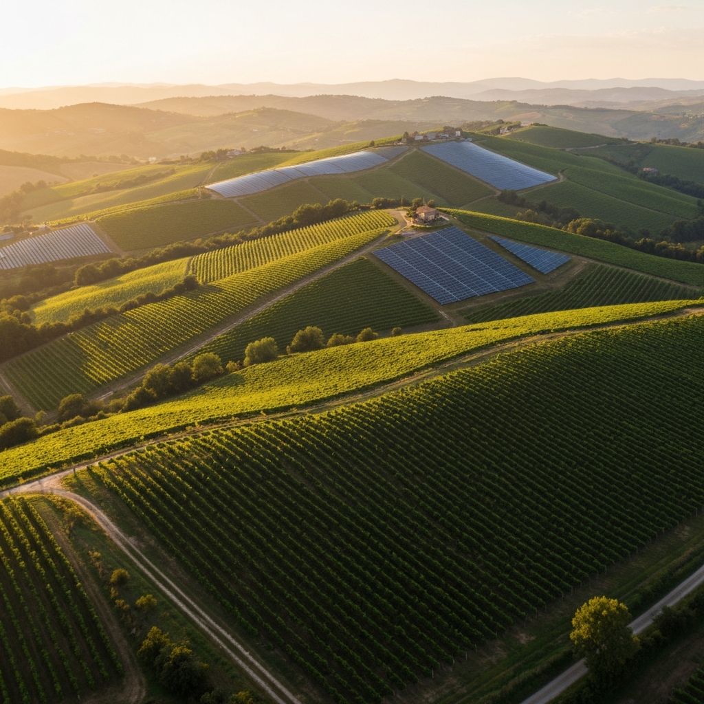 Paesaggio italiano con pannelli solari integrati nella campagna