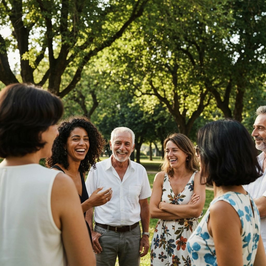 Persone sorridenti in un contesto comunitario verde